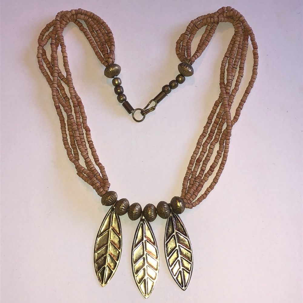 Elegant Aged Gold Tone Leaf Pendant Wooden Beaded Boho Necklace